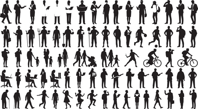 Diverse crowd silhouettes on white background during daylight showing various human activities and professions