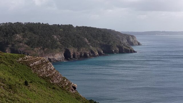 Cape of the Goat Cap de la Ch&egrave;vre Crozon peninsula in Brittany, France aerial nature coastline