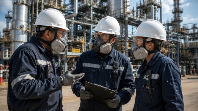 Team of Engineers Discussing Plans at Industrial Refinery with Safety Helmets and Gear