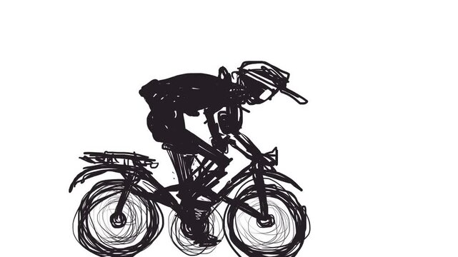 A young boy races a bike. A cartoon cyclist competes in acceleration mode.