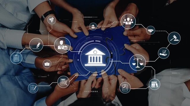 Diverse hands come together to form a puzzle piece, symbolizing collaboration in law and justice. This image represents teamwork in a digital legal environment. Raster