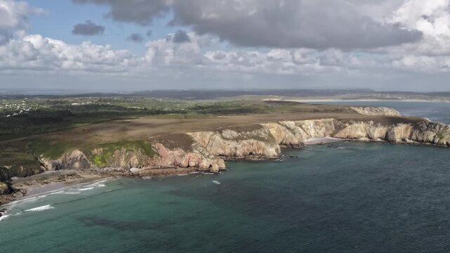 Rugged coastline of the Crozon Peninsula in Brittany, France motion lapse aerial drone timelapse