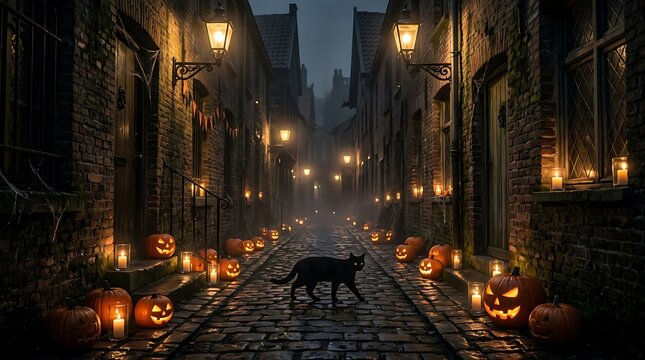 Black cat walking down cobblestone street with jackolanterns and lanterns on Halloween night