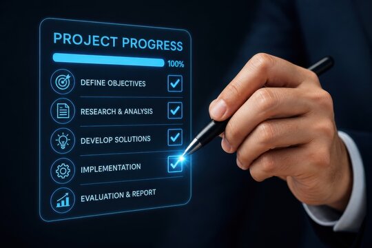 Businessman's hand marking project implementation on a futuristic virtual screen, showing business progress