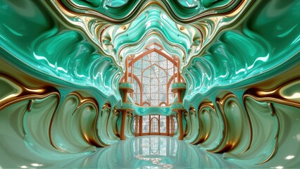 Obraz premium Intricate fractal design showcases ornate architecture. Turquoise, gold hues dominate symmetrical composition. Dramatic lighting creates depth.