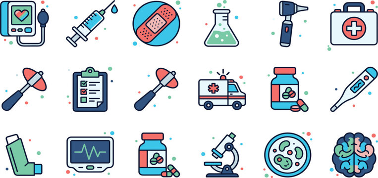 Medical healthcare and laboratory clinical flat icon set with tonometer syringe ambulance microscope thermometer brain and medicine bottles vector cartoon illustrations