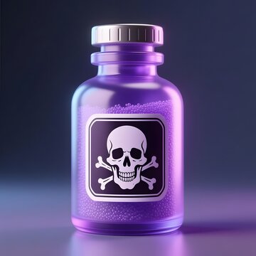 Purple poison bottle with skull and crossbones label, toxic chemical glass jar with dangerous liquid, lethal substance container for laboratory concept