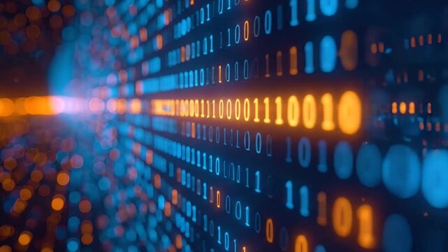 Abstract digital binary code stream with glowing orange and blue numbers and data light beam