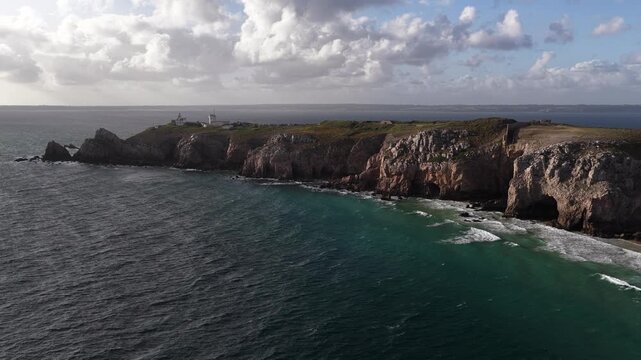 Beg Penn Hir dramatic headland on the Crozon peninsula in Brittany, France aerial drone landscape