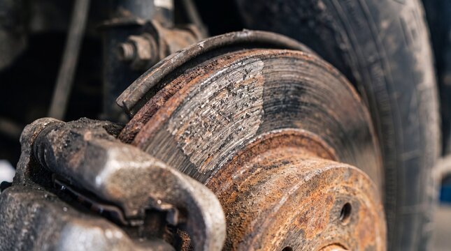 Heavily rusted and deeply scored car brake rotor with worn caliper. This close-up highlights dangerous mechanical neglect and the urgent need for automotive repair.