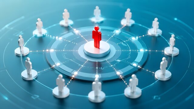 Professional Network Leadership Concept With Red Central Figure, Connected Team Members, Social Influence