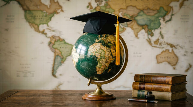 An antique globe topped with a black graduation cap sits beside a stack of weathered books and a fountain pen on a wooden desk against a world map background