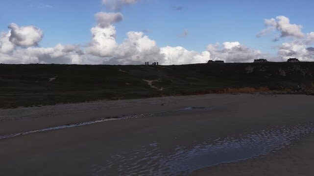 Crozon peninsula in Brittany sandy beach shore on the Atlantic ocean France, aerial landscape