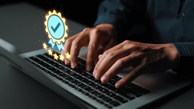Enthusiastic Professional Typing on Laptop with Digital Badge Symbolizing Quality and Achievement in Modern Workspace Environment Gluon.