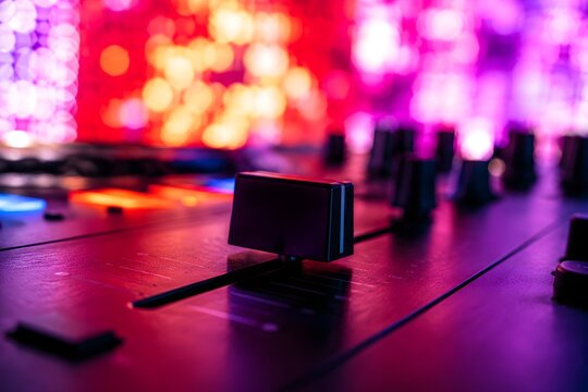 DJ crossfader illuminated by ambient glow of massive LED video walls in the dark background