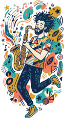 Obraz premium Stylized contemporary doodle featuring a male musician performing on a saxophone with playful abstract decorative shapes