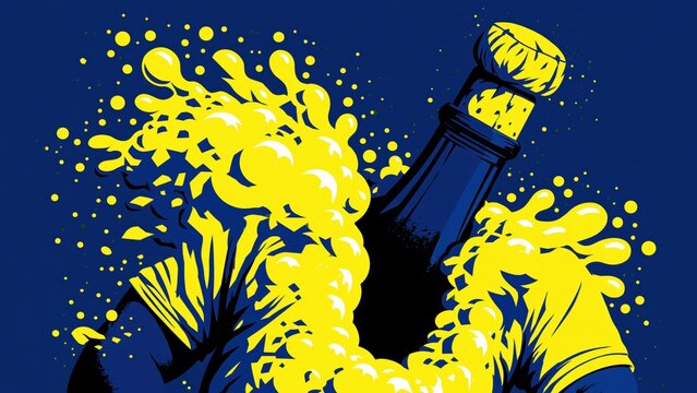 Blue champagne bottle erupting with yellow liquid bubbles.