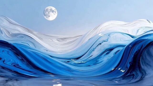 Abstract blue and white wave with moon