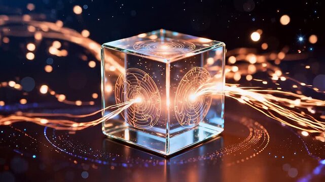 Glass cube with glowing patterns in space