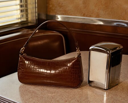 Brown Faux Crocodile Baguette Handbag Sitting On Formica Diner Table Next To Chrome Napkin Dispenser