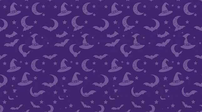 Halloween seamless pattern with witch hats moons and bats on purple background