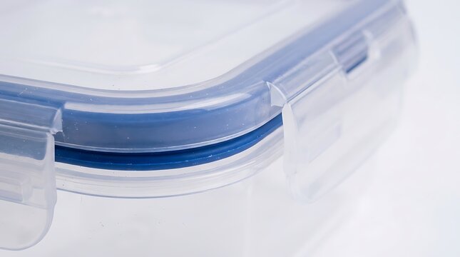 Close up of a clear plastic food storage container with a blue airtight lid seal. humidity sealed containers