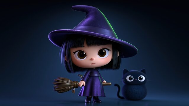 Chibi witch holding broomstick standing next to black cat.