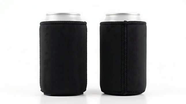 Two black neoprene beer can coolers or stubby holders for cold drinks. koozie mockup psd