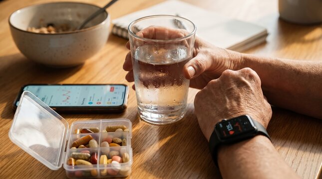 Senior hands holding water glass near pill organizer and smartphone with health app for elderly wellness and medication adherence