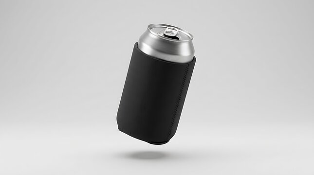 Aluminum soda can with a blank black neoprene sleeve cooler. koozie mockup psd