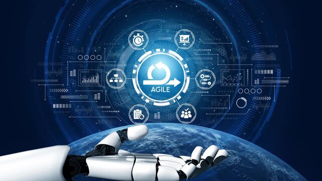 Futuristic Technology Concept Showing Robotic Hand with Digital Interface Representing Agile Methodology in a Global Context. Entropy.