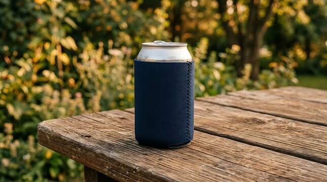 Blank black beer can cooler sleeve on a wooden picnic table in a park. koozie mockup psd