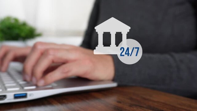 Hands type on a laptop. A small banking icon appears, suggesting digital banking. A white icon glows nearby, symbolizing 24/7 access.