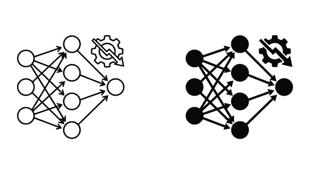 Neural network failure and deep learning error icons with artificial, learning