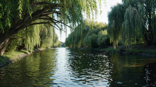 Weeping willow by the river, natural scenery, quiet time by the willow river