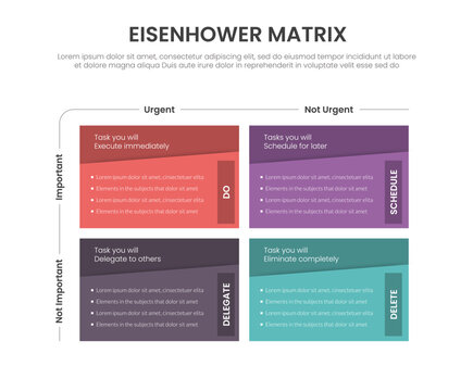 Eisenhower matrix infographic template banner with rectangle box with slice skew line header with shadow and vertical badge for slide presentation