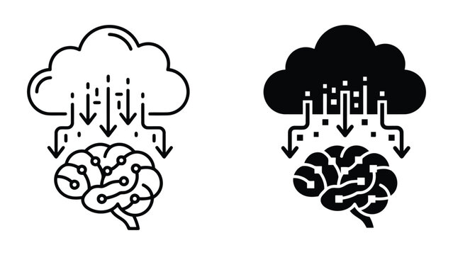 Cloud data transfer to brain icon set for machine learning concepts