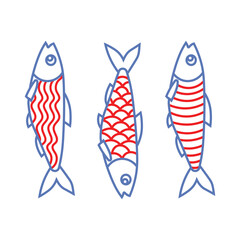 Decorative fish pattern vector set. Three fish illustrations with unique stripe and scale patterns in a modern outline style. © Dark