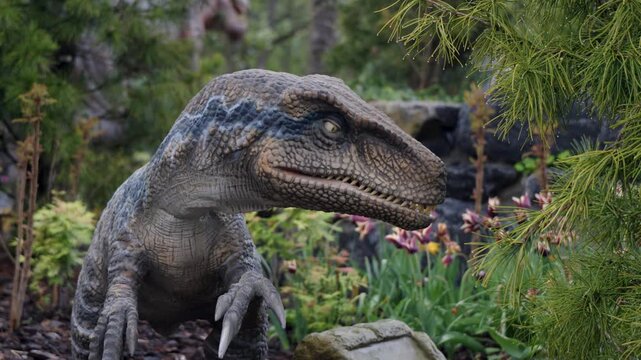 Animatronic Dinosaur Velociraptor Moving in Zoo Garden Exhibit Closeup Pairi Daiza Belgium