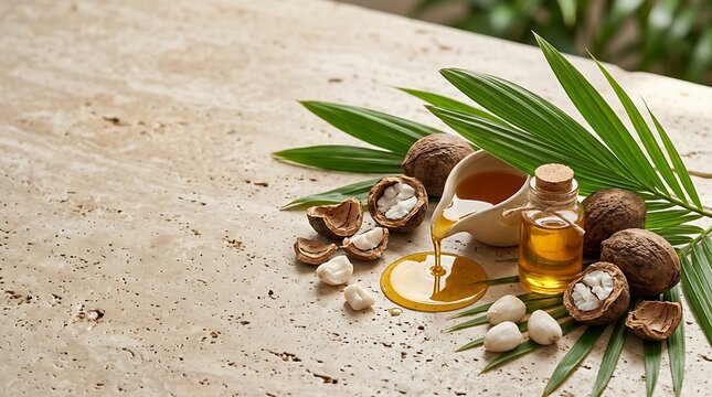 Natural coconut oil in a small glass bottle with fresh brown coconuts and green palm leaves nearby. babassu