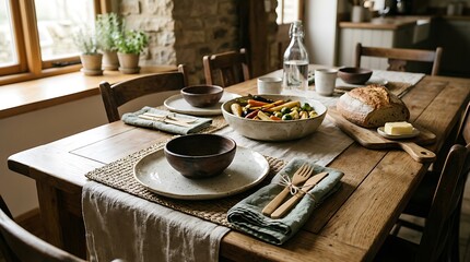 Fototapeta premium Modern dining table set with plates bowls and fresh salad in a cozy home kitchen interior. plastic-free dinnerware
