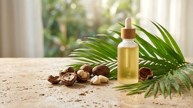 Natural macadamia nut oil in a glass dropper bottle next to fresh nuts and green palm leaves on table. babassu