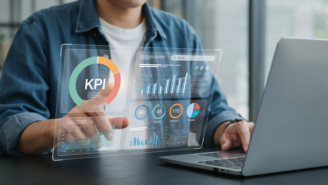 Kpi key performance indicator concept management data system kpi connected database follow earnings operations sales data financial business data analytics graph dashboard