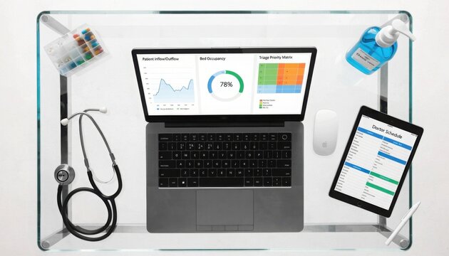 Bird's-eye view of Dell laptop with healthcare dashboard showing patient flow, bed occupancy, and triage matrix.