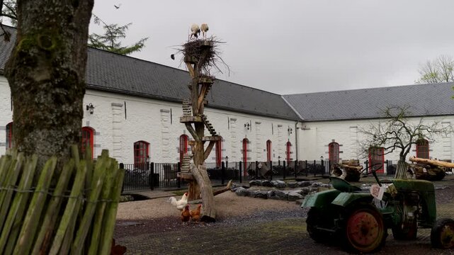 Farmyard courtyard art installation with birds roaming, vintage tractor and stork nest at Pairi Daiza Belgium