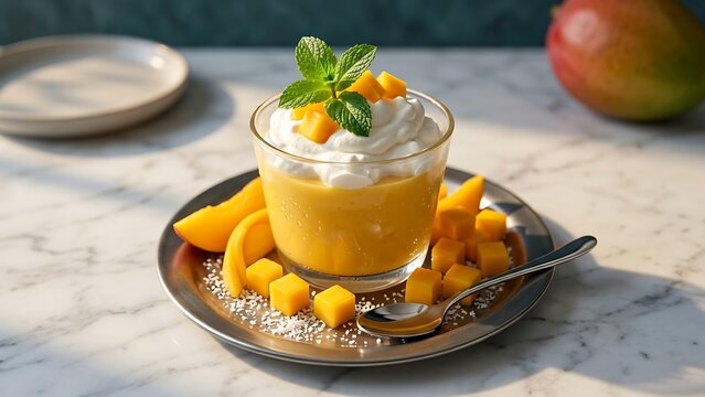 Delicious mango dessert with whipped cream and fresh mint leaves on top served on plate