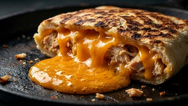 Delicious chicken quesadilla with melted cheese on black plate