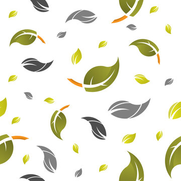 Green Gray Falling Leaves Seamless Pattern with Orange Stem Accent on White, Modern Botanical Illustration