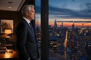 Fototapeta premium Senior Business Executive Looking Out Office Window at City Skyline During Sunset