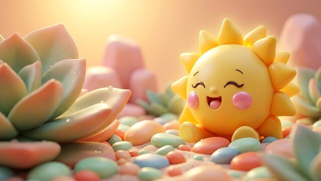 Happy cartoon sun surrounded by colorful pebbles and succulents outdoors